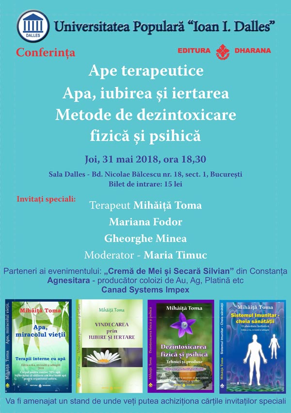 Ape terapeutice. Metode de dzintoxicare fizica si psihica - conferinta Sala Dalles 31.05.2018